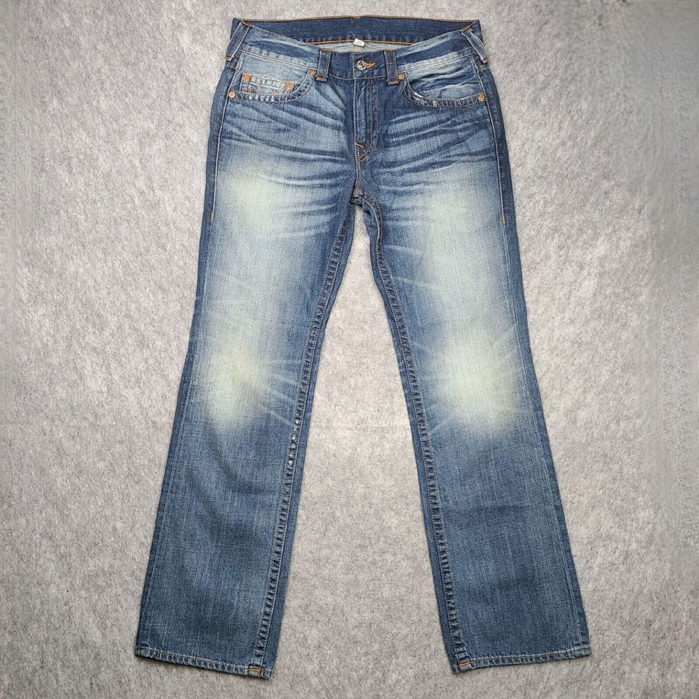 True Religion Straight Jeans Red Orange Stitch Men 34x34 Blue Bzom Sailing Reef